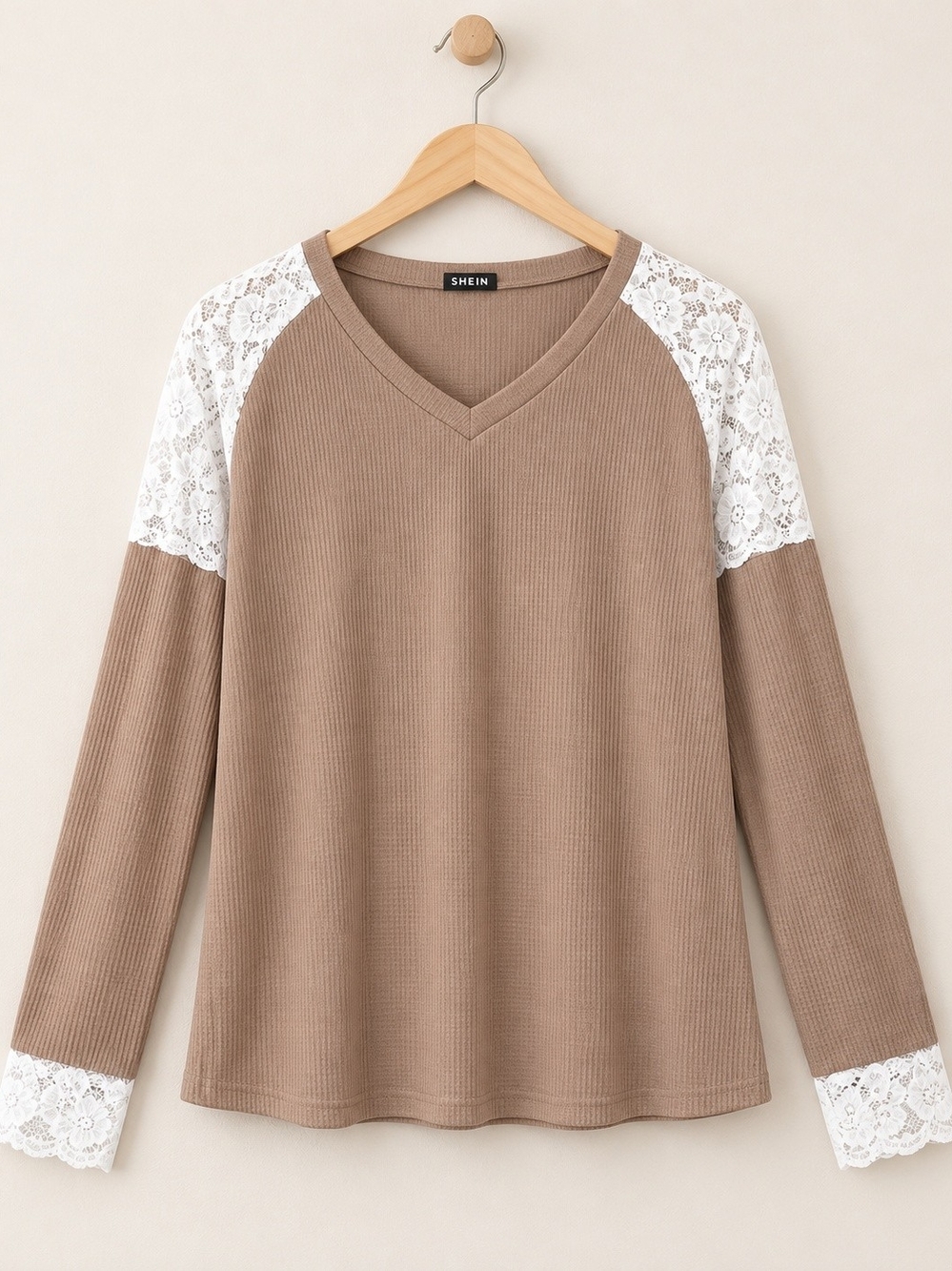 SHEIN Taupe Ribbed V-Neck Top with White Lace Shoulders